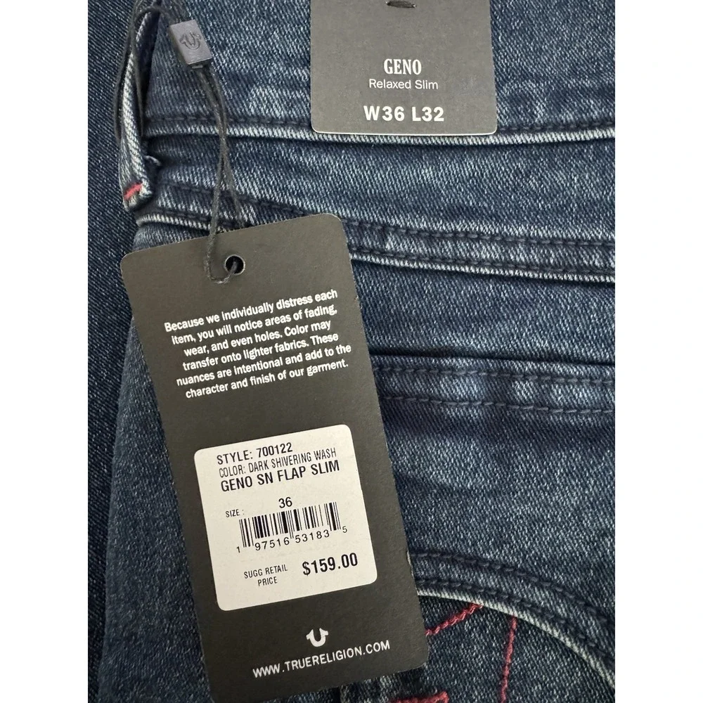 True Religion Geno Relaxed Slim Flap Jeans Men's 36x32 Autumn‎ Wash Blue NWT Red